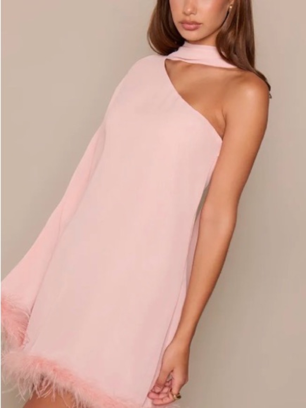Blush Pink One-Shoulder Mini Dress with Feather Hem- NWT
